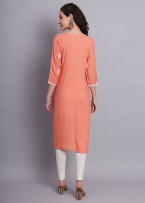 Peach Readymade Rayon Chikankari Kurti - Indian Silk House Agencies