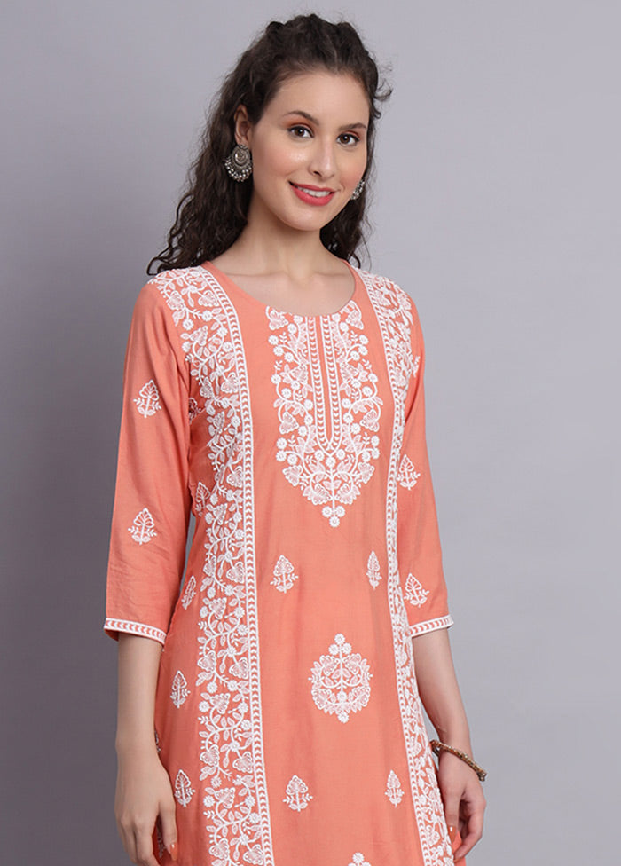 Peach Readymade Rayon Chikankari Kurti - Indian Silk House Agencies