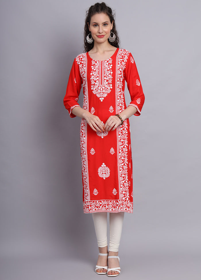 Orange Readymade Rayon Chikankari Kurti - Indian Silk House Agencies