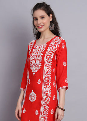 Orange Readymade Rayon Chikankari Kurti - Indian Silk House Agencies