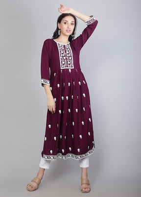 Wine Readymade Rayon Chikankari Kurti - Indian Silk House Agencies