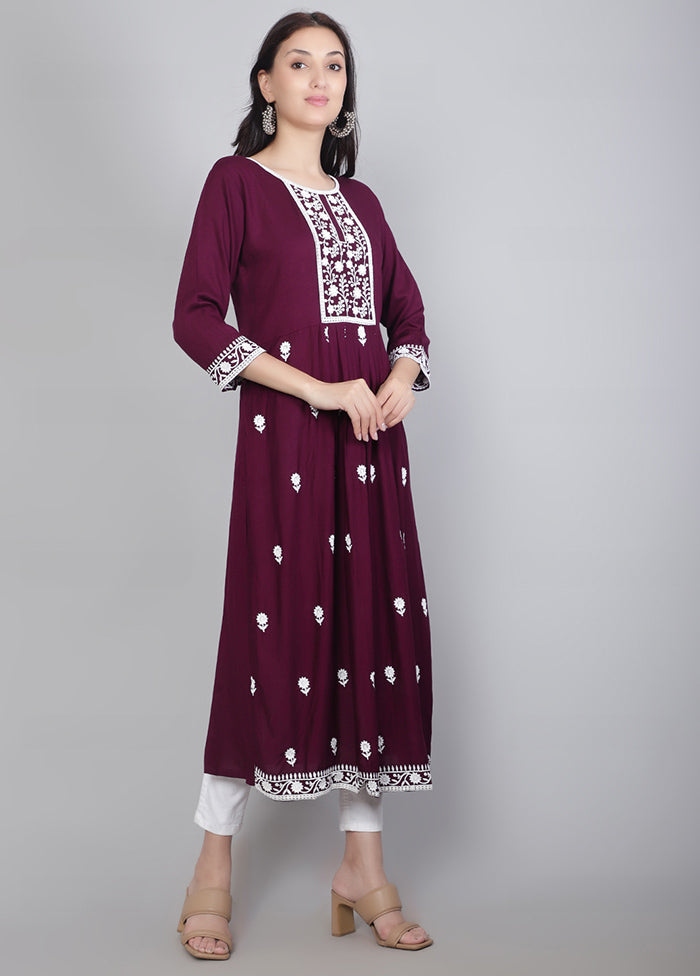 Wine Readymade Rayon Chikankari Kurti - Indian Silk House Agencies