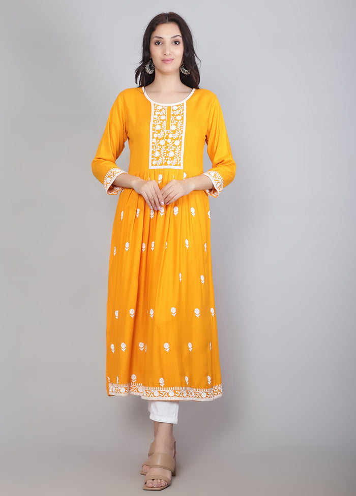 Yellow Readymade Rayon Chikankari Kurti - Indian Silk House Agencies