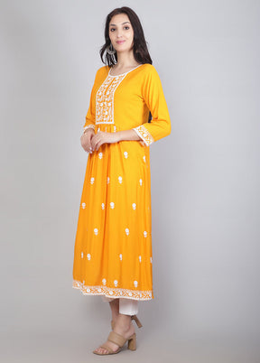 Yellow Readymade Rayon Chikankari Kurti - Indian Silk House Agencies