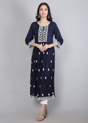 Navy Blue Readymade Rayon Chikankari Kurti - Indian Silk House Agencies