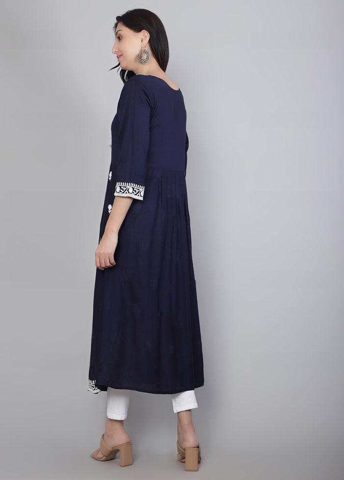 Navy Blue Readymade Rayon Chikankari Kurti - Indian Silk House Agencies