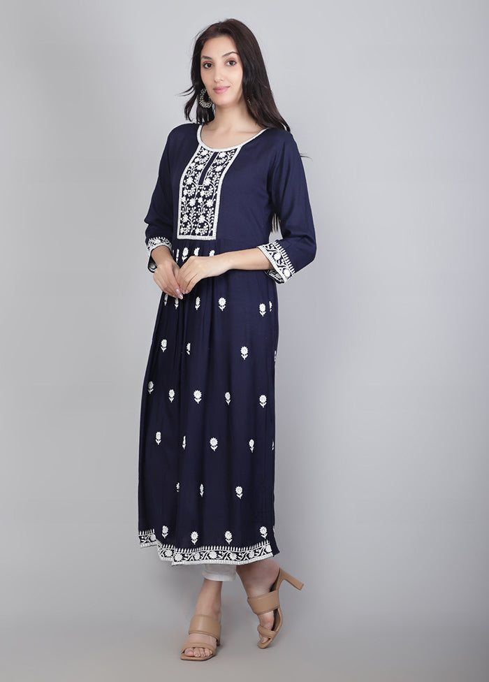 Navy Blue Readymade Rayon Chikankari Kurti - Indian Silk House Agencies