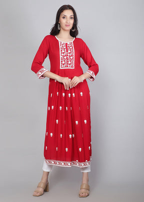 Red Readymade Rayon Chikankari Kurti - Indian Silk House Agencies