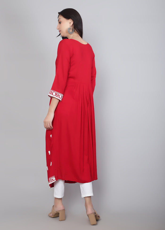 Red Readymade Rayon Chikankari Kurti - Indian Silk House Agencies