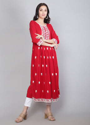 Red Readymade Rayon Chikankari Kurti - Indian Silk House Agencies