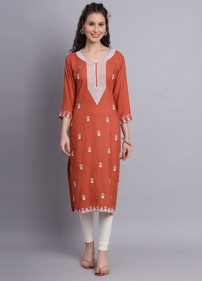 Rust Readymade Rayon Chikankari Kurti - Indian Silk House Agencies