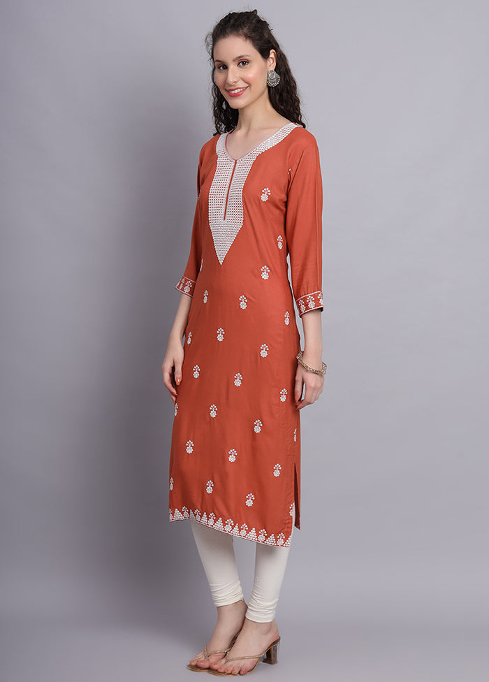 Rust Readymade Rayon Chikankari Kurti - Indian Silk House Agencies