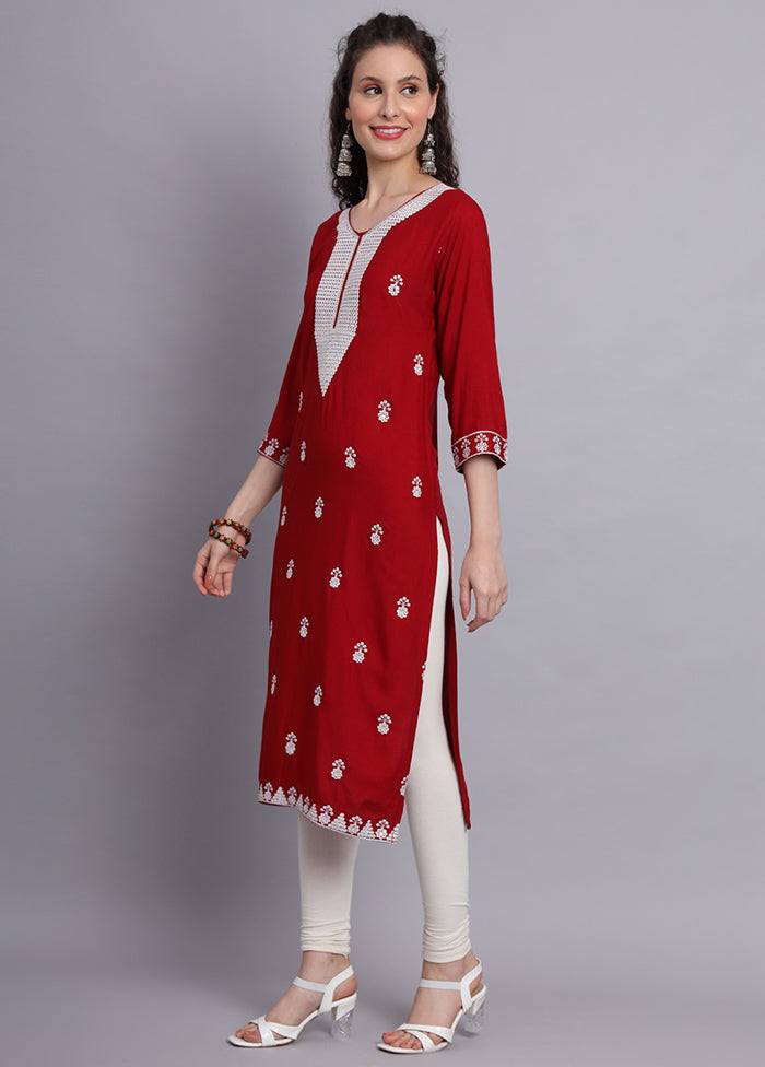 Maroon Readymade Rayon Chikankari Kurti - Indian Silk House Agencies