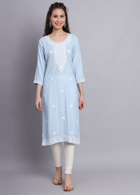 Sky Blue Readymade Rayon Chikankari Kurti - Indian Silk House Agencies