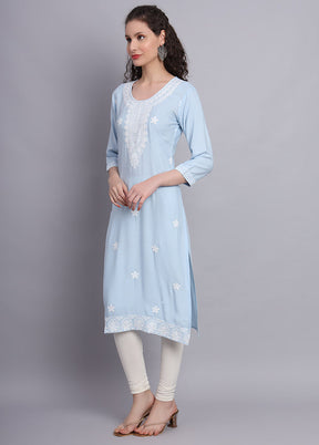 Sky Blue Readymade Rayon Chikankari Kurti - Indian Silk House Agencies