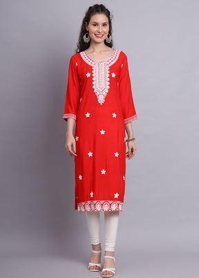 Orange Readymade Rayon Chikankari Kurti - Indian Silk House Agencies