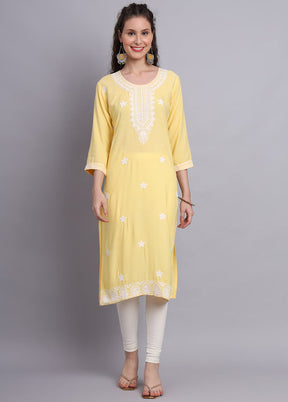 Yellow Readymade Rayon Chikankari Kurti - Indian Silk House Agencies