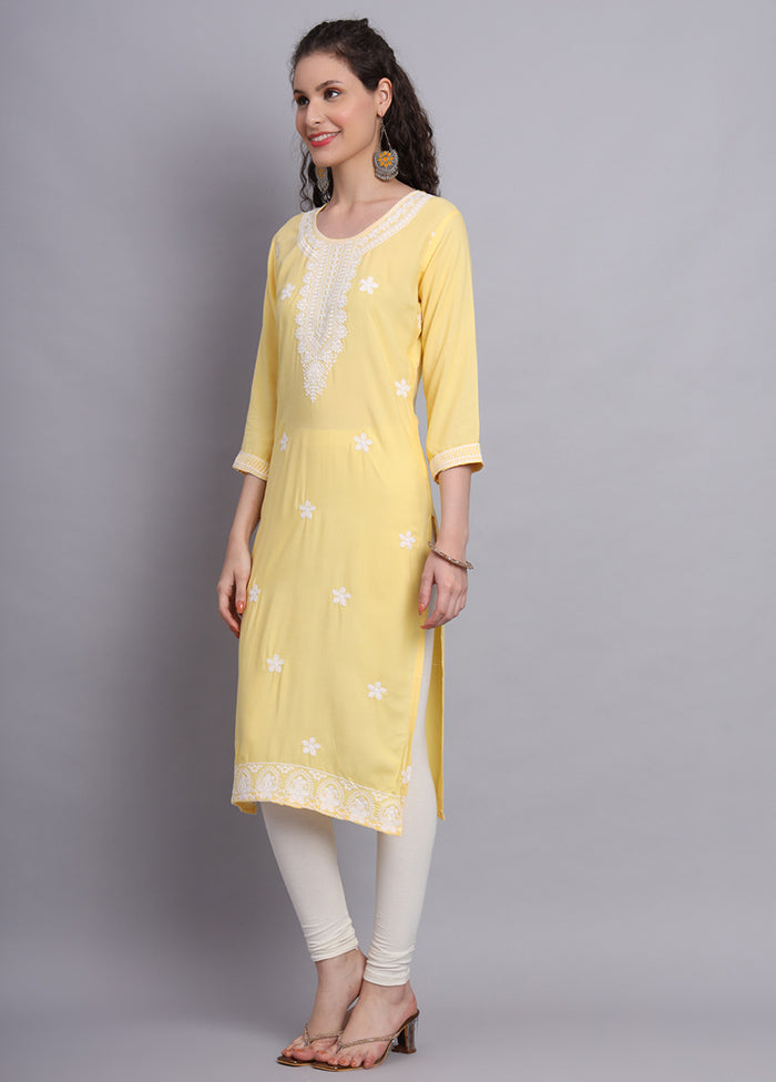 Yellow Readymade Rayon Chikankari Kurti - Indian Silk House Agencies