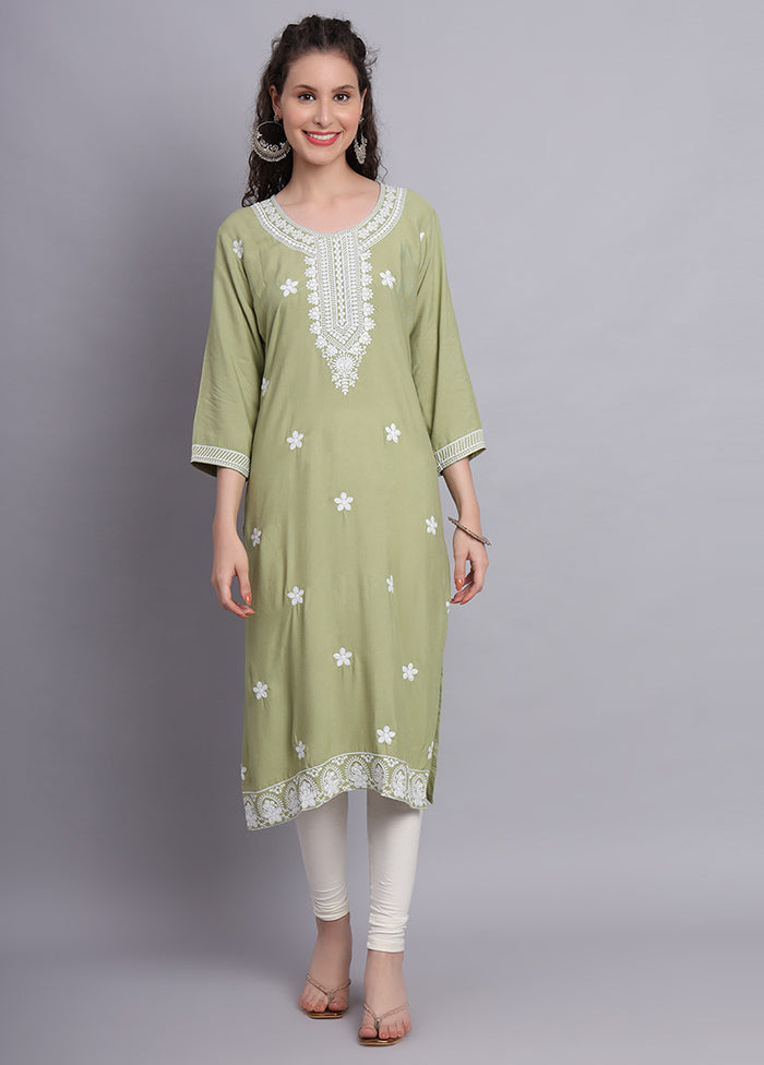 Pista Green Readymade Rayon Chikankari Kurti - Indian Silk House Agencies