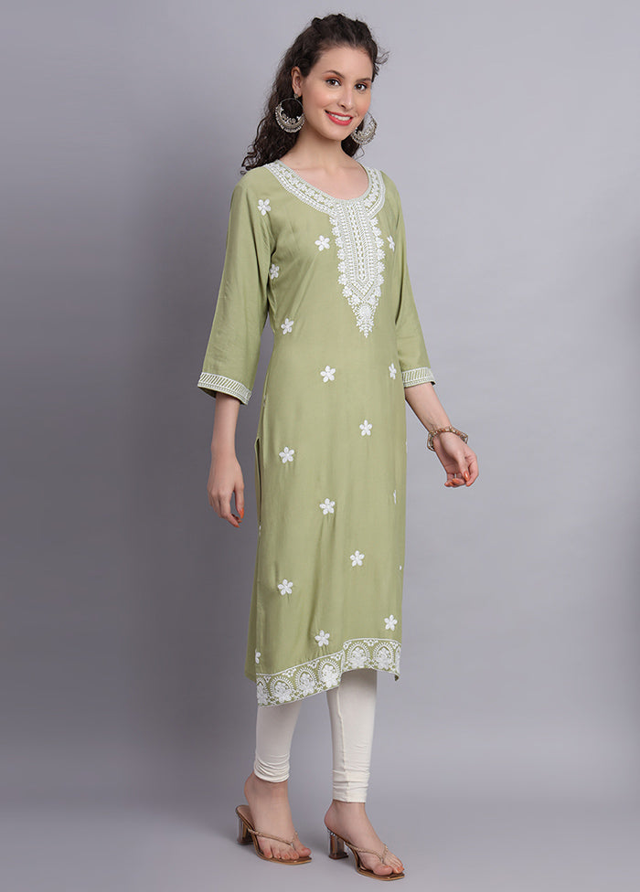 Pista Green Readymade Rayon Chikankari Kurti - Indian Silk House Agencies