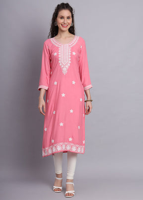 Pink Readymade Rayon Chikankari Kurti - Indian Silk House Agencies