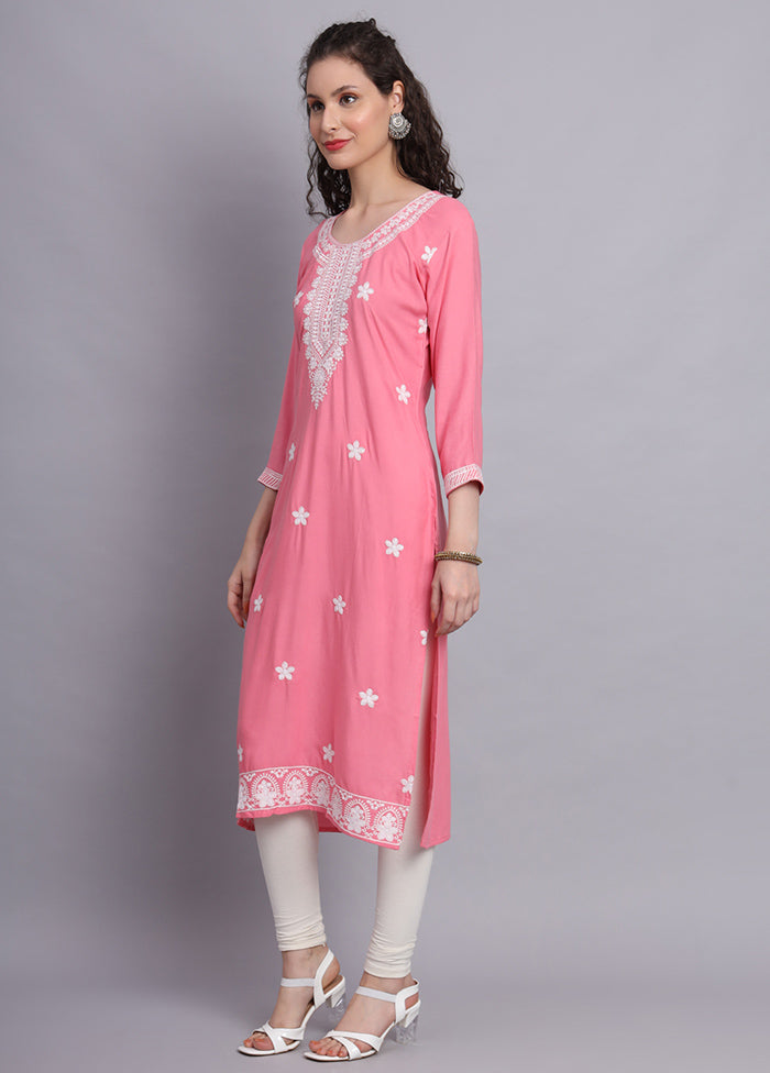 Pink Readymade Rayon Chikankari Kurti - Indian Silk House Agencies