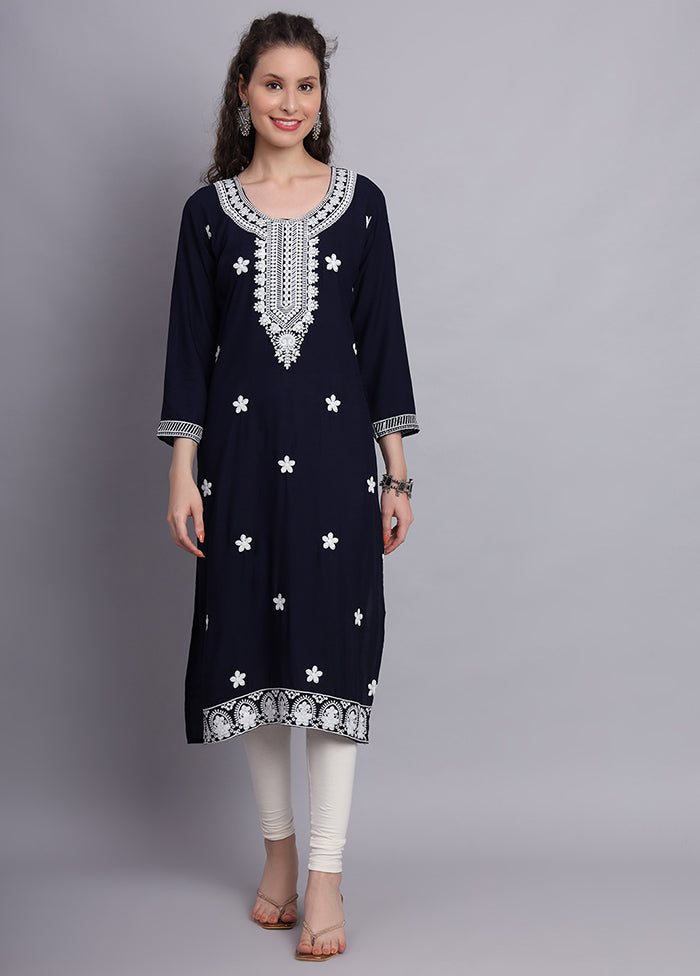 Navy Blue Readymade Rayon Chikankari Kurti - Indian Silk House Agencies