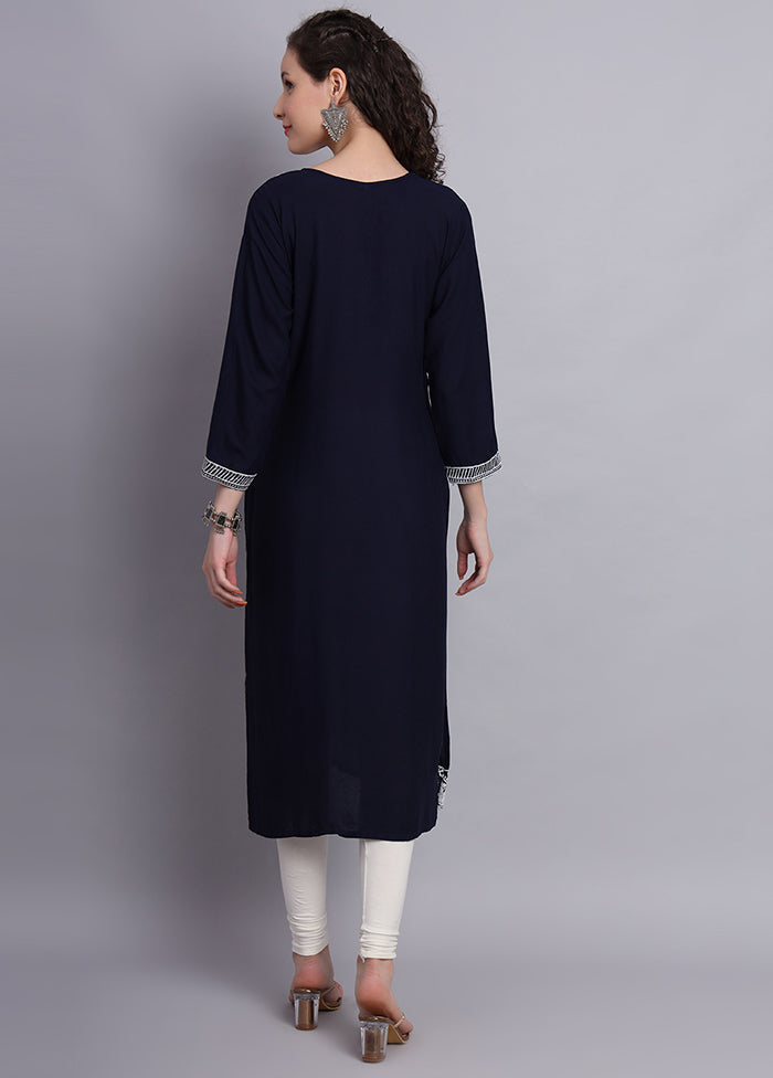 Navy Blue Readymade Rayon Chikankari Kurti - Indian Silk House Agencies