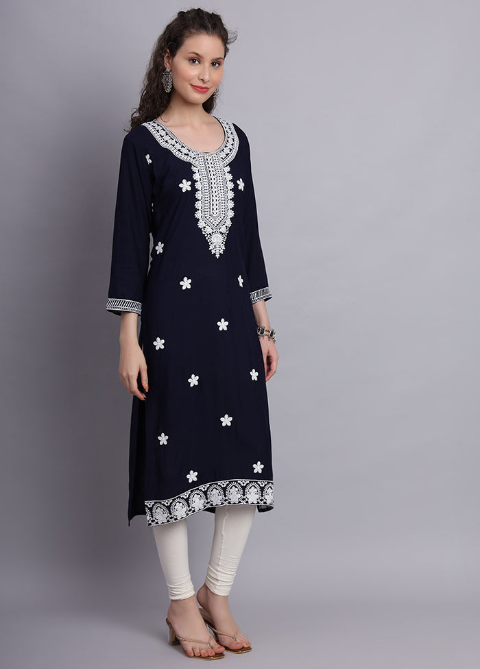 Navy Blue Readymade Rayon Chikankari Kurti - Indian Silk House Agencies