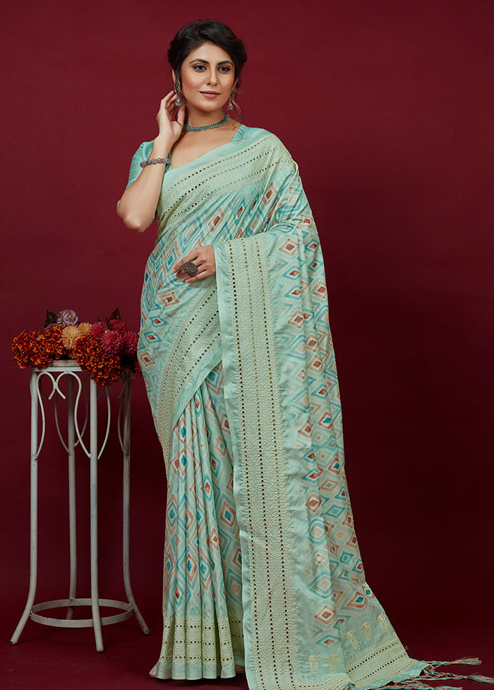 Aqua Cotton Saree With Blouse Piece - Indian Silk House Agencies