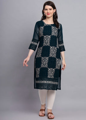 Teal Blue Readymade Georgette Kurti - Indian Silk House Agencies