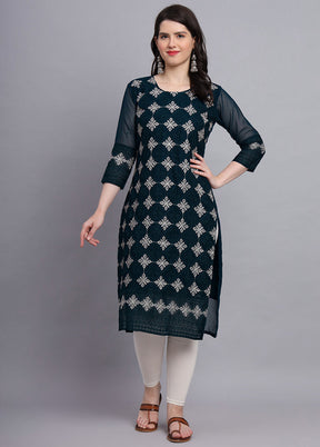 Teal Blue Readymade Georgette Kurti - Indian Silk House Agencies