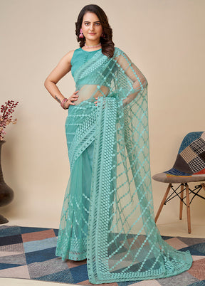 Blue Net Saree With Blouse Piece - Indian Silk House Agencies