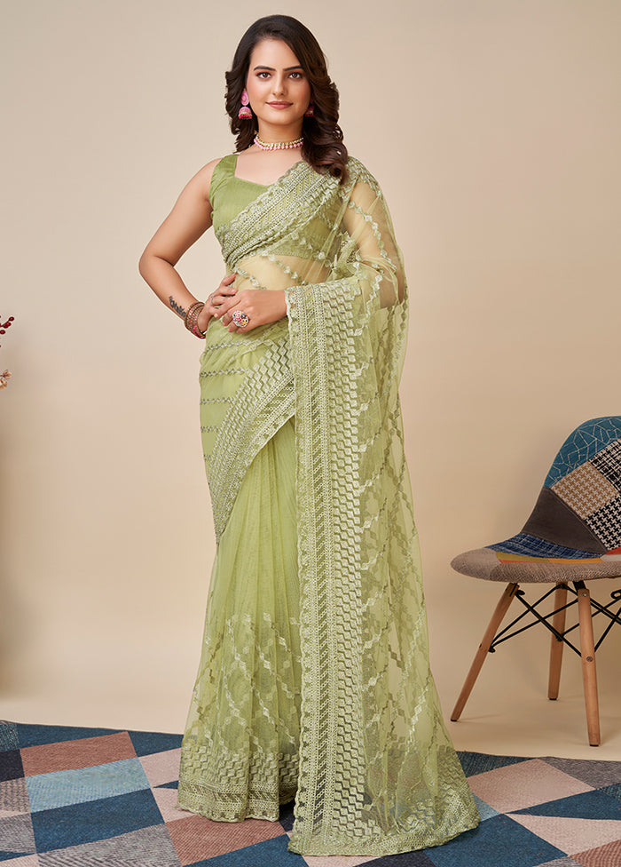 Pista Green Net Saree With Blouse Piece - Indian Silk House Agencies