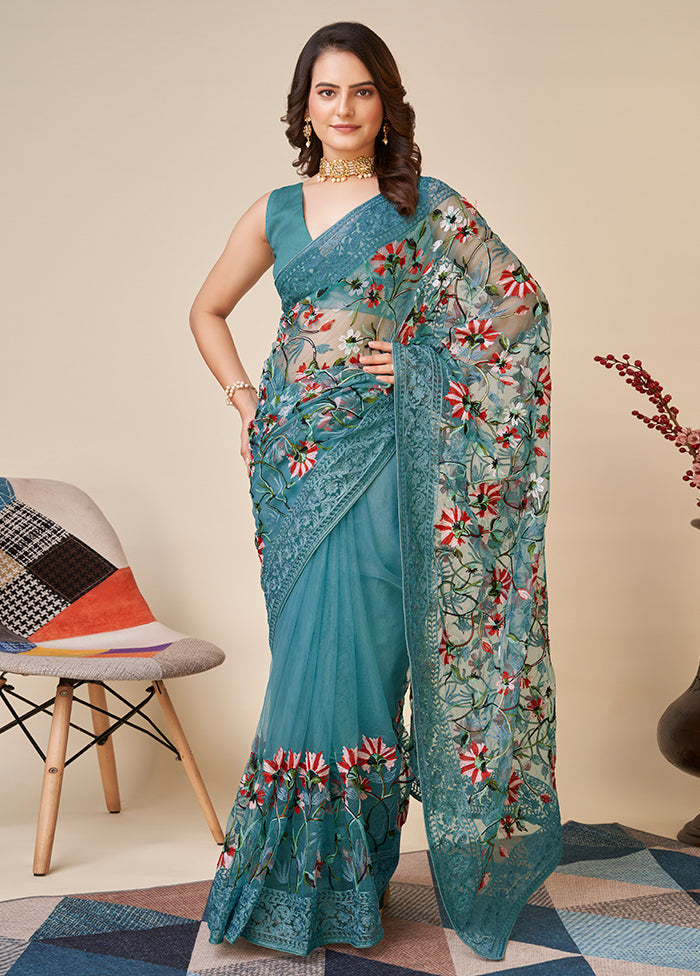 Blue Net Saree With Blouse Piece - Indian Silk House Agencies