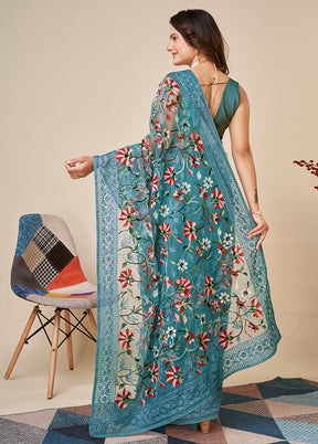 Blue Net Saree With Blouse Piece - Indian Silk House Agencies