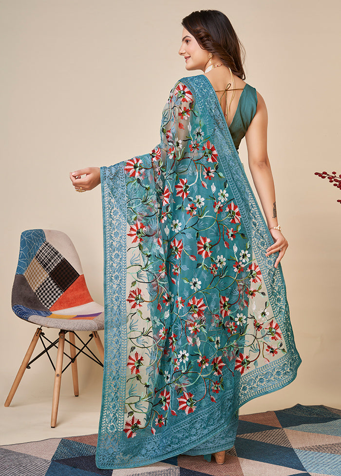 Blue Net Saree With Blouse Piece - Indian Silk House Agencies