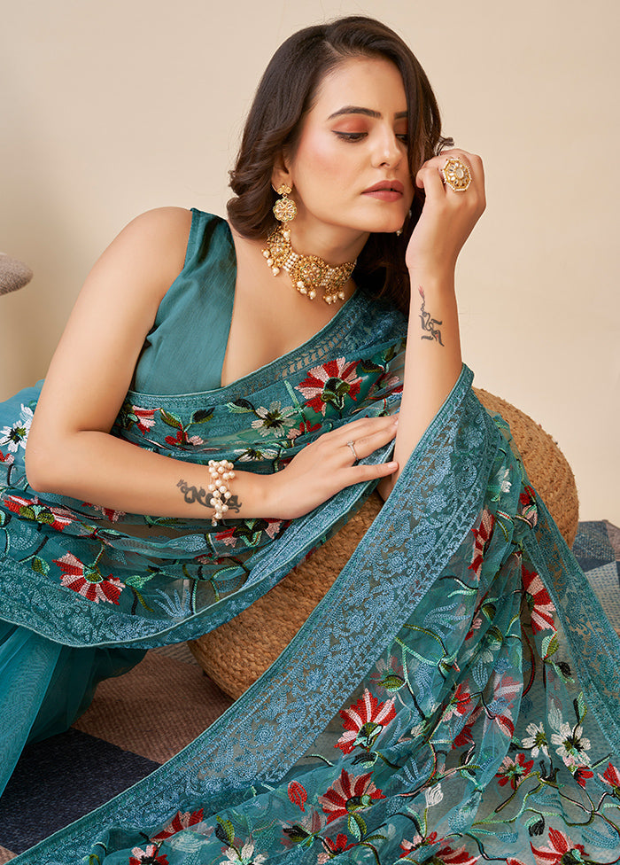 Blue Net Saree With Blouse Piece - Indian Silk House Agencies