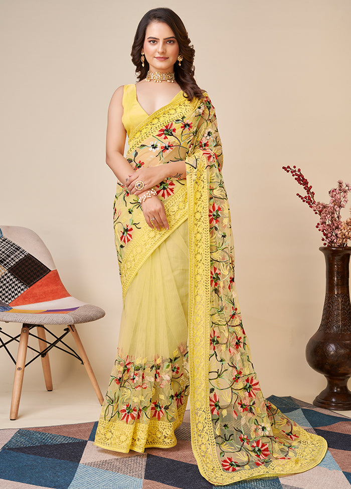 Yellow Net Saree With Blouse Piece - Indian Silk House Agencies