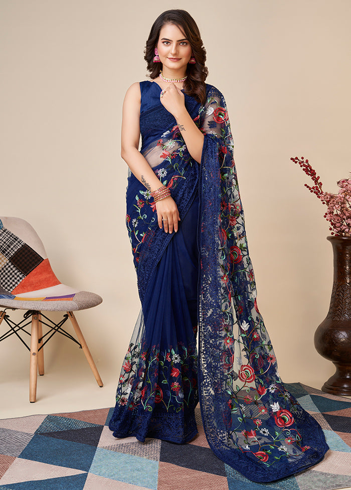 Blue Net Saree With Blouse Piece - Indian Silk House Agencies