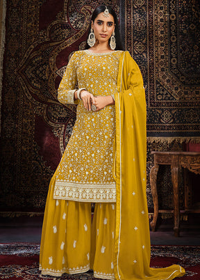 3 Pc Mustard Georgette Unstitched Suit Set - Indian Silk House Agencies