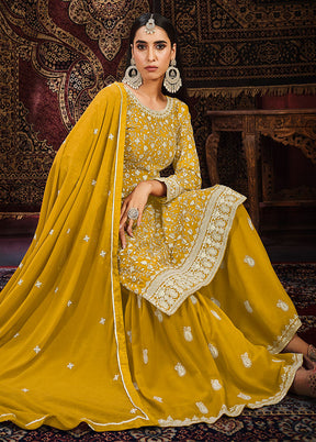 3 Pc Mustard Georgette Unstitched Suit Set - Indian Silk House Agencies