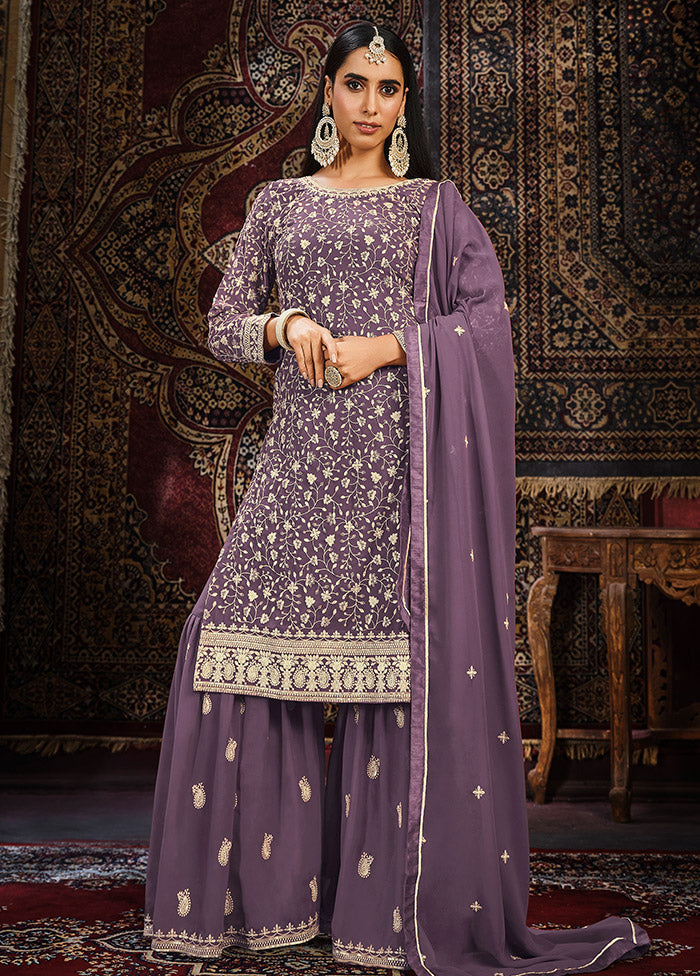 3 Pc Voilet Georgette Unstitched Suit Set - Indian Silk House Agencies