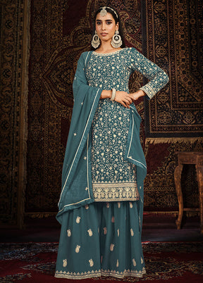 3 Pc Teal Georgette Unstitched Suit Set - Indian Silk House Agencies