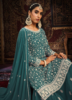 3 Pc Teal Georgette Unstitched Suit Set - Indian Silk House Agencies