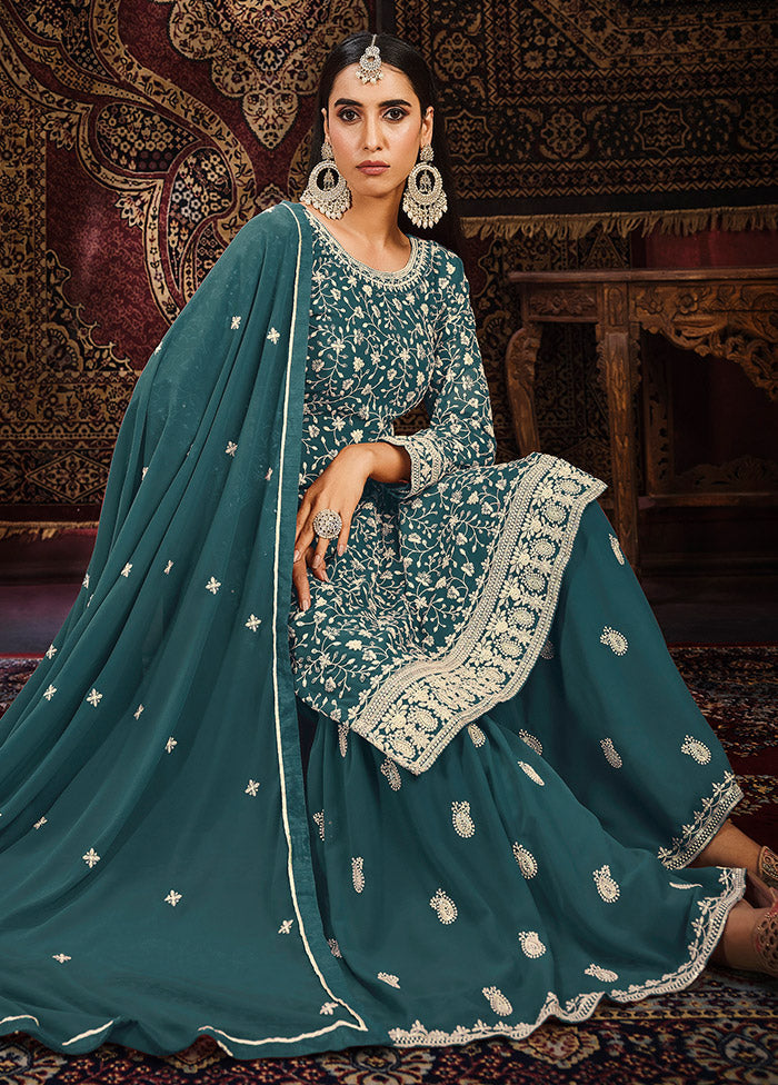 3 Pc Teal Georgette Unstitched Suit Set - Indian Silk House Agencies