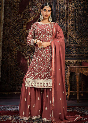 3 Pc Brown Georgette Unstitched Suit Set - Indian Silk House Agencies