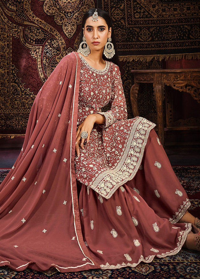 3 Pc Brown Georgette Unstitched Suit Set - Indian Silk House Agencies