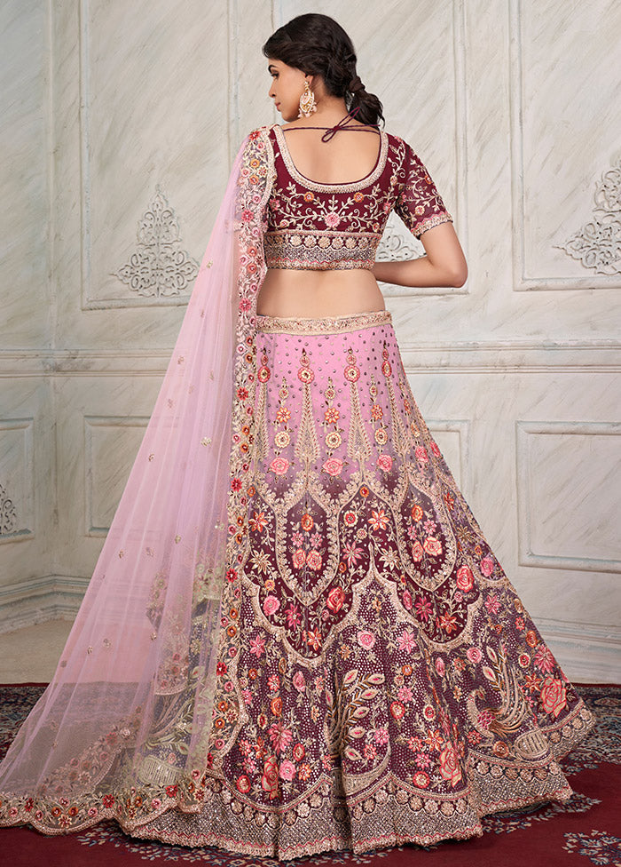 3 Pc Maroon Net Semi Stitched Lehenga Set - Indian Silk House Agencies