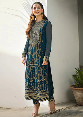3 Pc Blue Semi Stitched Georgette Suit Set - Indian Silk House Agencies